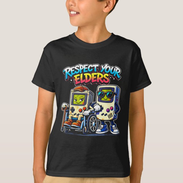 Respect elders retro gaming funny gamer controller T-Shirt (Front)
