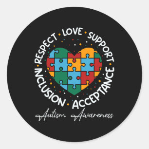 Respect Love Support Autism Awareness Heart Women Classic Round Sticker