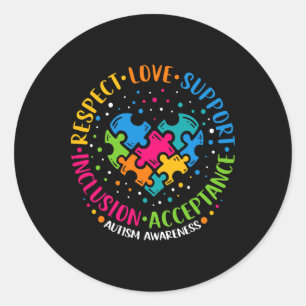 Respect Love Support Inclusion Heart Puzzle Autism Classic Round Sticker