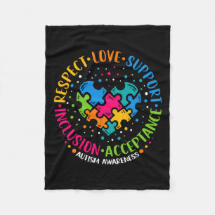 Respect Love Support Inclusion Heart Puzzle Autism Fleece Blanket