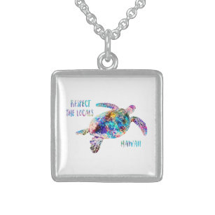 Respect the Locals Sea Turtle Tie Dye Beach Quote Sterling Silver Necklace
