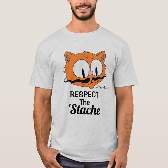 Respect The Stache Cartoon Moustache Cat T-Shirt (Front)