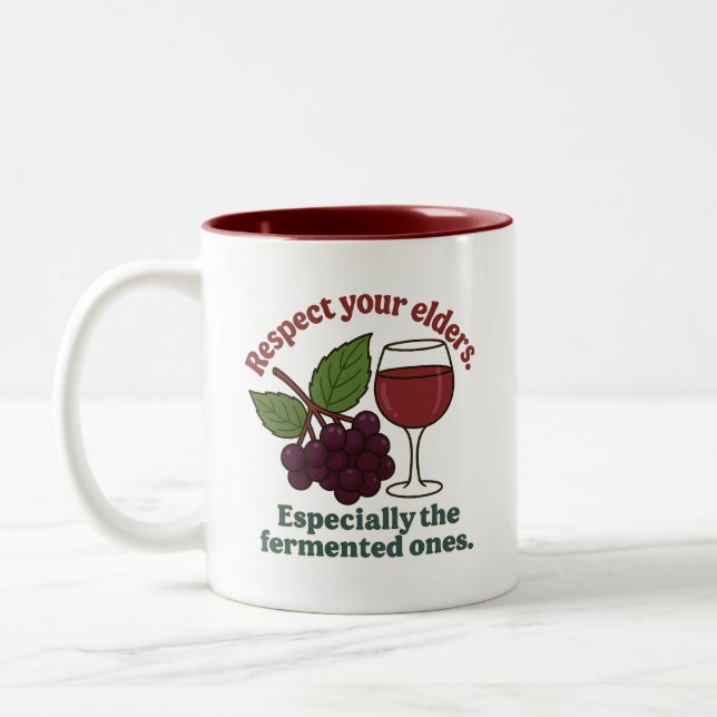 Respect Your Elders Fermented Ones Funny Wine Love Two-Tone Coffee Mug (Left)