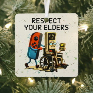 Respect Your Elders Gaming Control Retro Funny Metal Tree Decoration