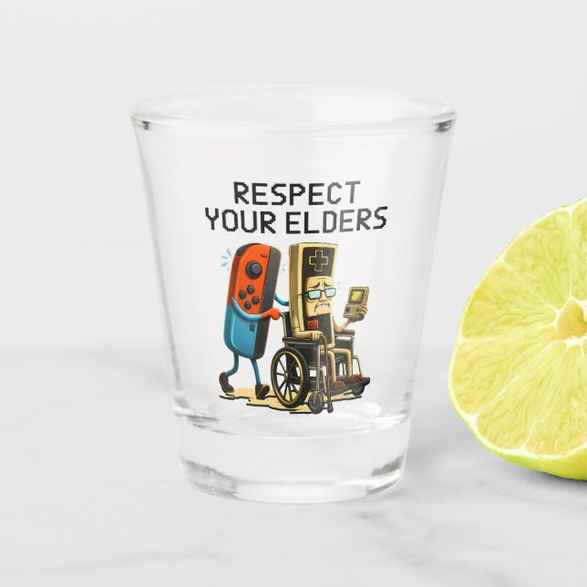 Respect Your Elders Gaming Control Retro Funny Shot Glass (Front)