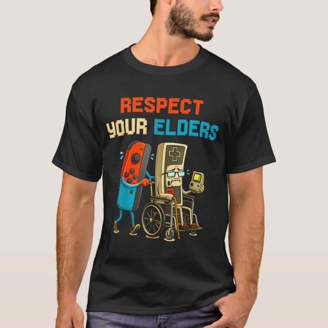 Respect Your Elders Retro Gaming Funny Gamer Contr T-Shirt (Front)