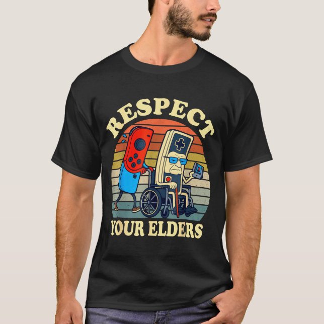 Respect Your Elders Retro Gaming Funny Gamer Contr T-Shirt (Front)