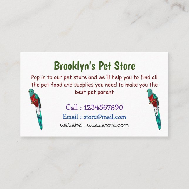 Resplendent quetzal bird cartoon illustration  business card (Front)