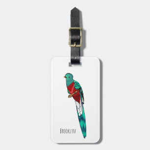 Resplendent quetzal bird cartoon illustration  luggage tag