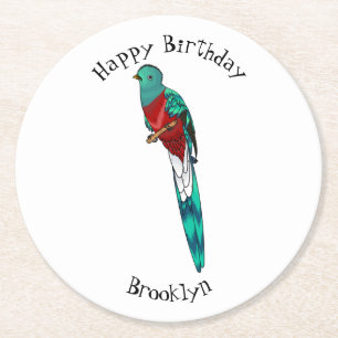Resplendent quetzal bird cartoon illustration  round paper coaster