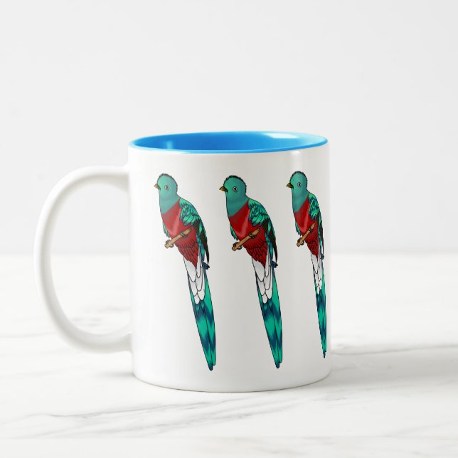 Resplendent quetzal bird cartoon illustration Two-Tone coffee mug (Left)