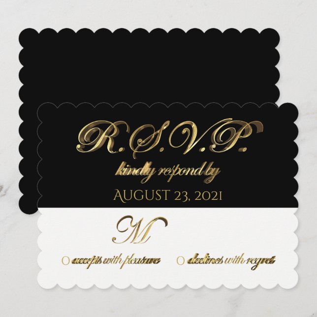 Response Reply Wedding RSVP Black White Gold Invitation (Front/Back)