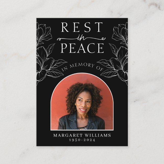 Rest in Peace Black Floral Photo Funeral Prayer Enclosure Card (Front)