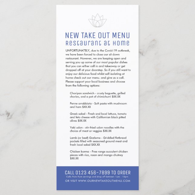 Restaurant at home new temp take out menu blue (Front)
