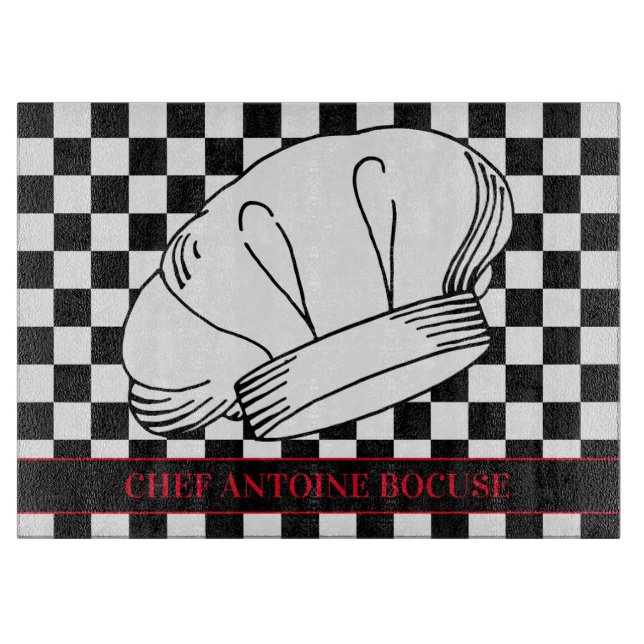 Restaurant Chef Hat on Black and White Chequered Cutting Board (Front)