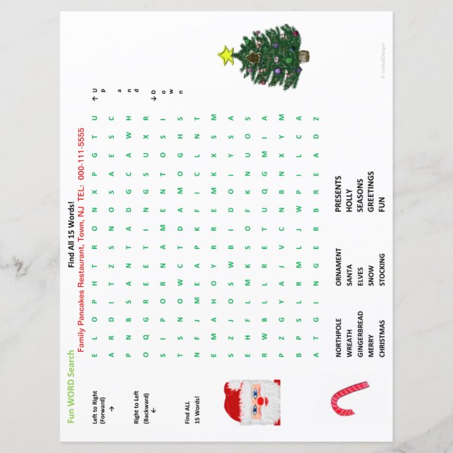 Restaurant Christmas 15 Word Search Paper Placemat (Front)