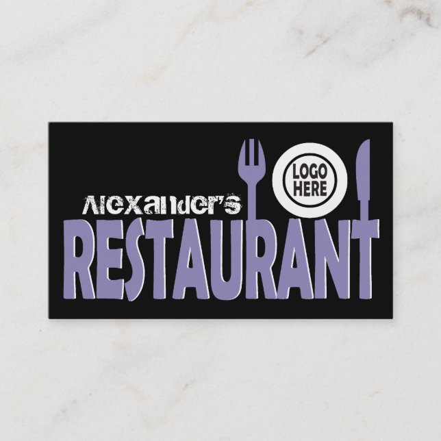 Restaurant cutlery plate lavender black white business card (Front)