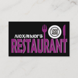Restaurant cutlery plate purple black white business card