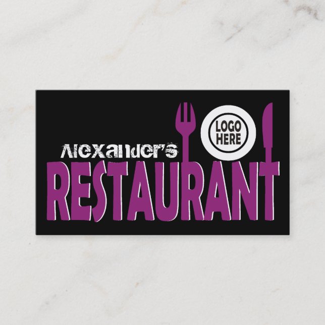 Restaurant cutlery plate purple black white business card (Front)