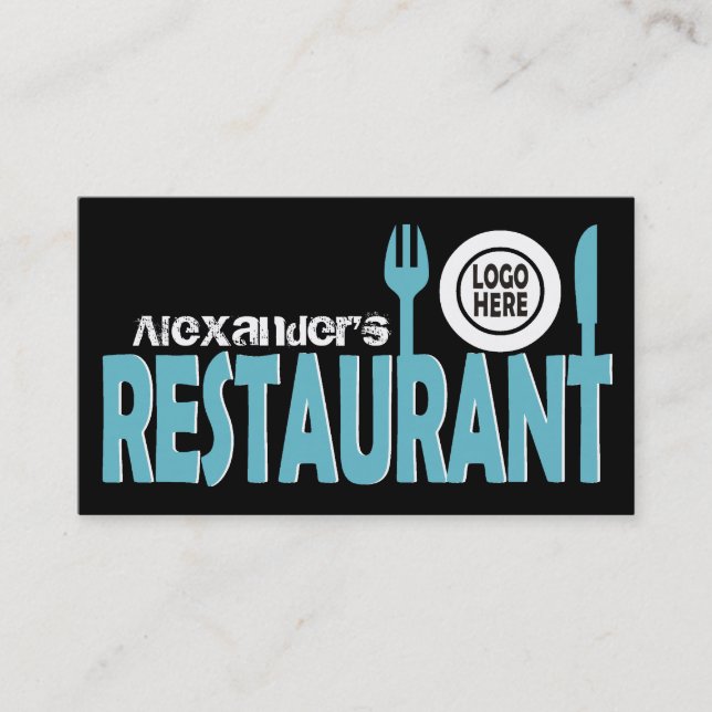Restaurant cutlery plate turquoise black white business card (Front)