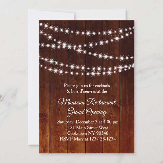 Restaurant Grand Opening Twinkle Lights dark wood Invitation (Front)