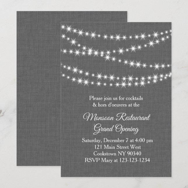 Restaurant Grand Opening Twinkle Lights grey Invitation (Front/Back)