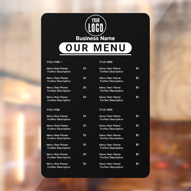 Restaurant Menu | Black Logo Cafe Menu Window Cling (Sheet 2)