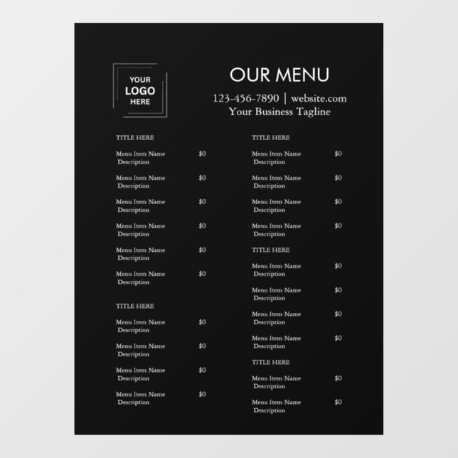 Restaurant Menu | Custom Black Logo Cafe  Window Cling (Sheet)