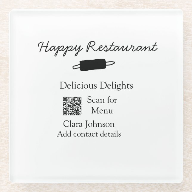 Restaurant name scan QR menu add contact details n Glass Coaster (Front)