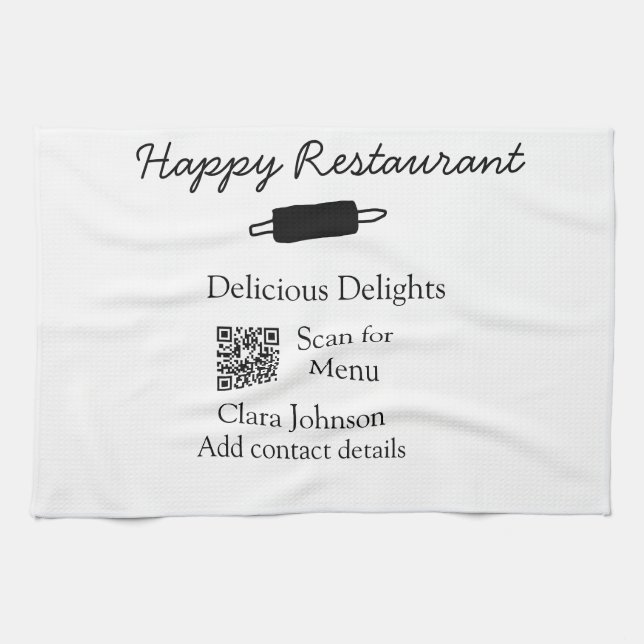 Restaurant name scan QR menu add contact details n Tea Towel (Horizontal)