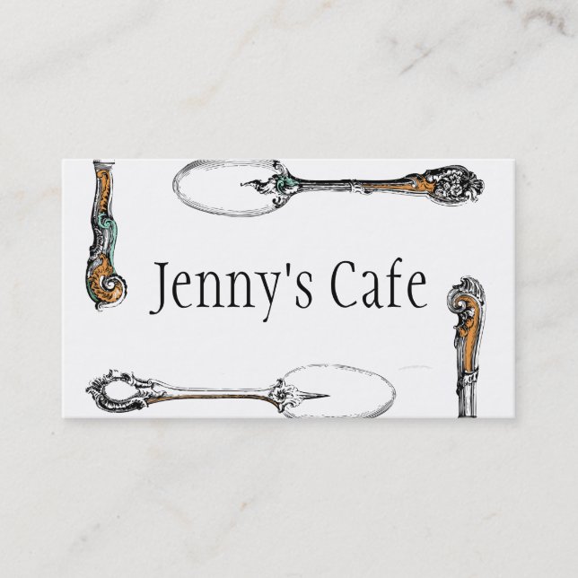 restaurant or cafe business card, antique cutlery business card (Front)