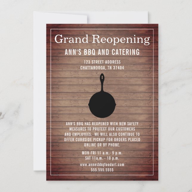 Restaurant Reopening Rustic Wood Skillet Invitation (Front)