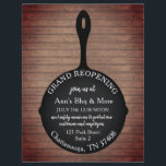 Restaurant Reopening Skillet Wood Flyer<br><div class="desc">White text over illustration of iron skillet over a rustic wood background.</div>