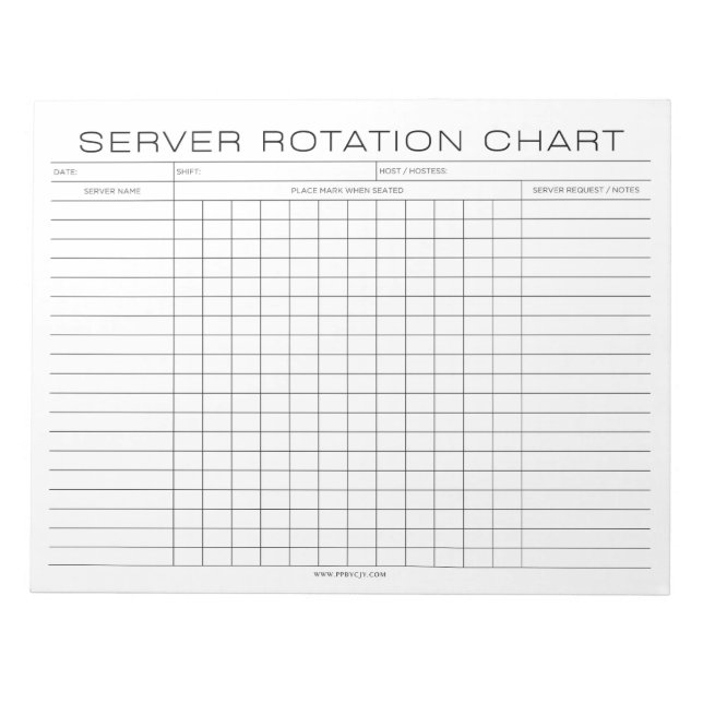 Restaurant Server Rotation Shift Chart Notepad (Front)