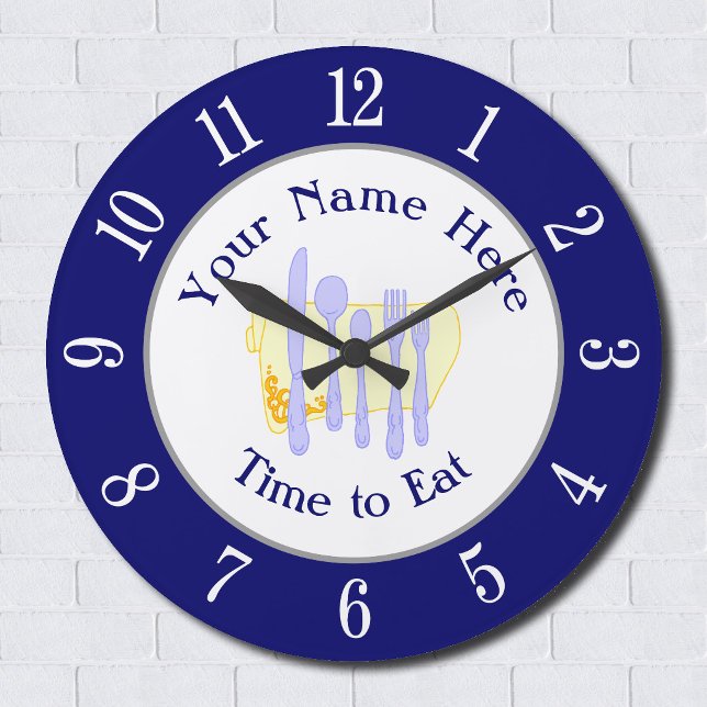 Restaurant Silverware on Blue White Numbers Large Clock (Restaurant Silverware on Blue White Numbers Large Clock)