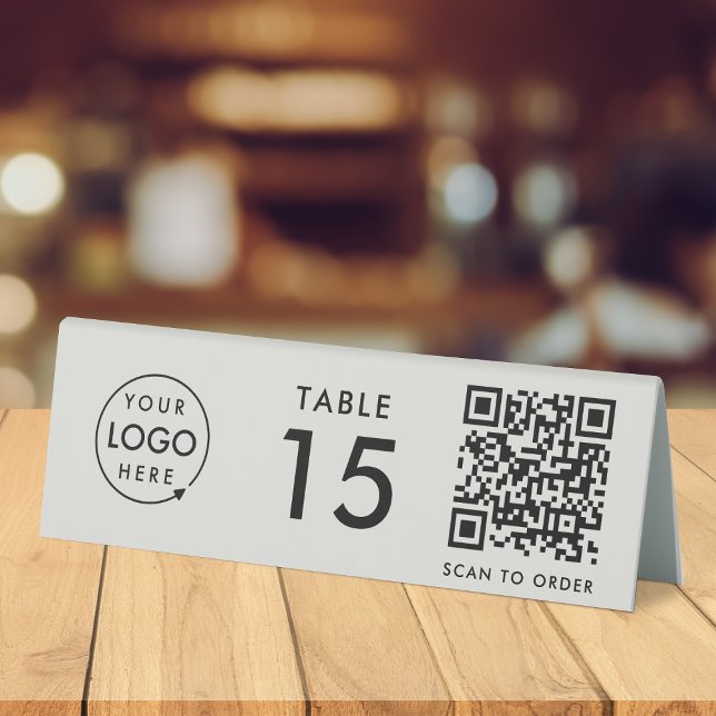 Restaurant Table Number QR Code Scan to Order Grey (Interactive "scan to order" QR code table signs for restaurants, bars, cafes & hospitality events.)