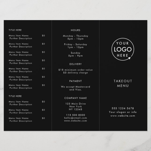 Restaurant Takeout | Black Logo Takeaway Menu (Front)