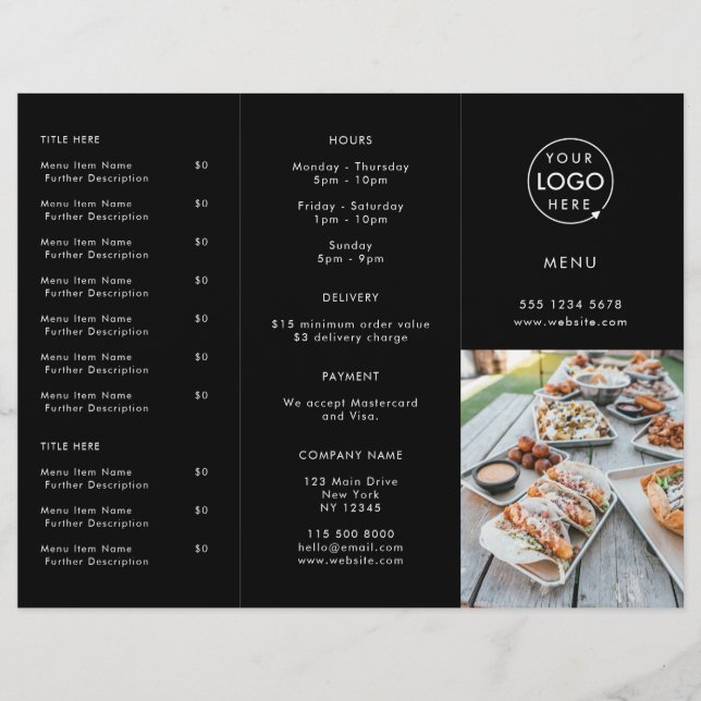 Restaurant Takeout | Black Modern Photo Menu (Front)