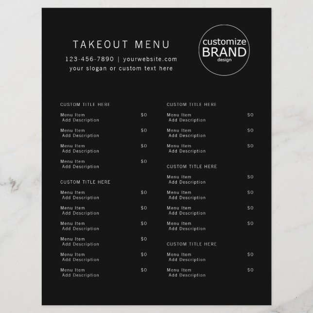 Restaurant Takeout Catering Black Logo Menu (Front)