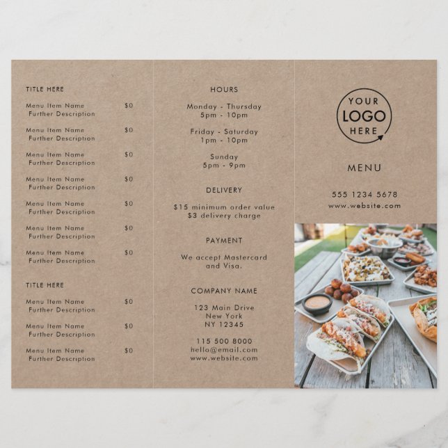 Restaurant Takeout | Rustic Kraft Takeaway Menu (Front)