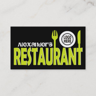 Restaurant text cutlery plate black lime white business card