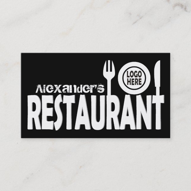 Restaurant text cutlery plate black white business card (Front)