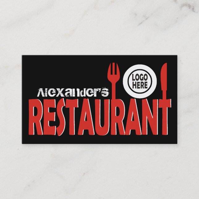 Restaurant text cutlery plate red black white business card (Front)