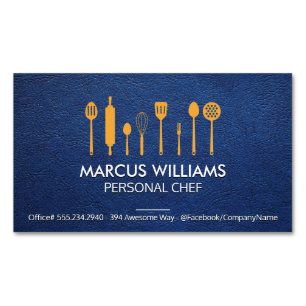 Restaurant Utensils Chef Blue Leather Magnetic Business Card