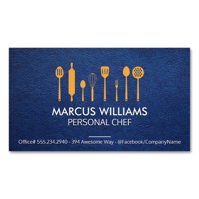 Restaurant Utensils | Chef | Blue Leather Magnetic Business Card (Front)