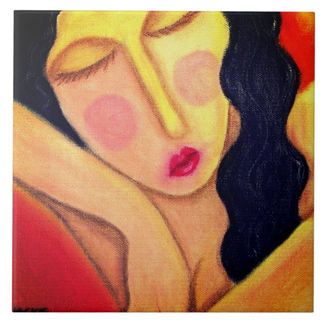 Resting Abstract Oil Pastel Painting of a Woman Tile (Front)
