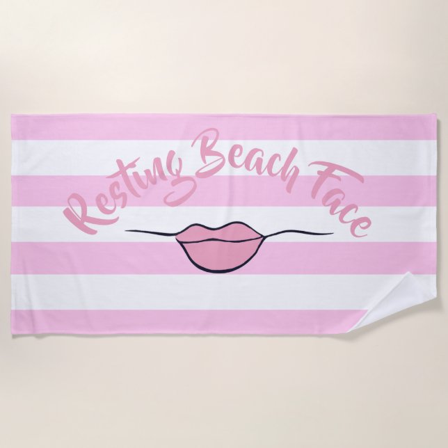 Resting Beach Face Striped Pink and White Beach Towel (Front)