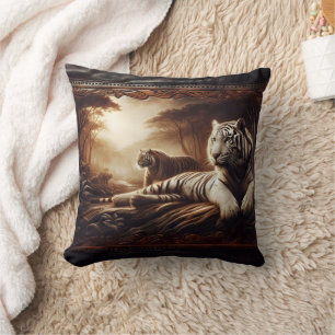 Resting Bengal Tigers in a Lush Forest at Dusk Cushion
