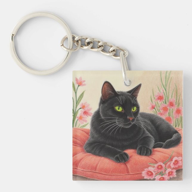 Resting Black Cat Key Ring (Front)