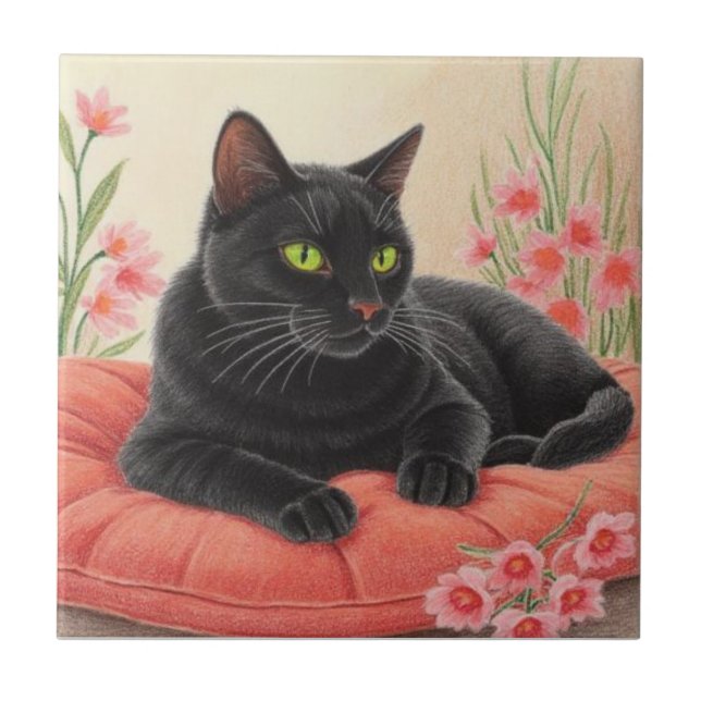 Resting Black Cat Tile (Front)